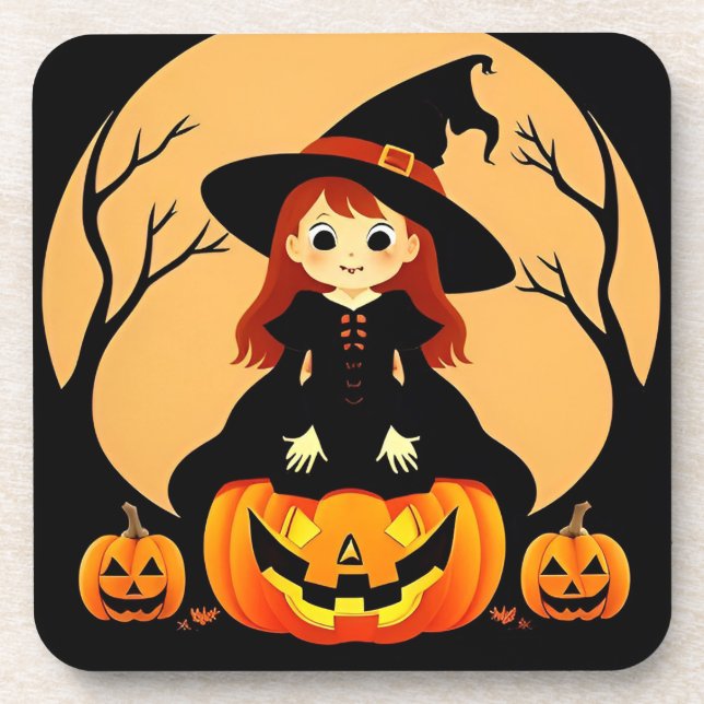 Witch in Halloween Setting with Pumpkins Coaster (Front)