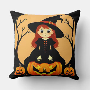 Witch in Halloween Setting with Pumpkins Cushion