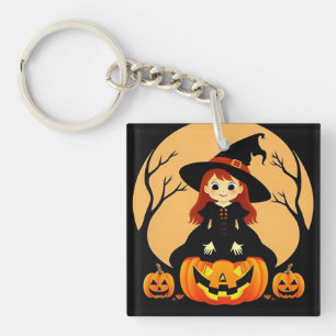 Witch in Halloween Setting with Pumpkins Key Ring
