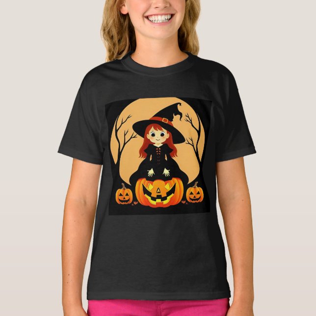 Witch in Halloween Setting with Pumpkins T-Shirt (Front)