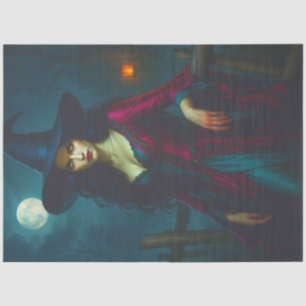 Witch in Red Dress with Moon – Halloween Decoupage Tissue Paper