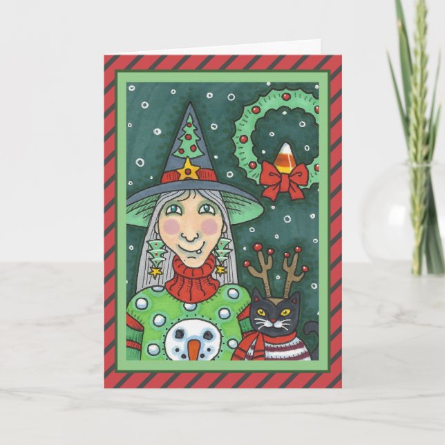 WITCH IN SNOWMAN SWEATER, BLACK CAT XMAS HALLOWEEN CARD (Front)
