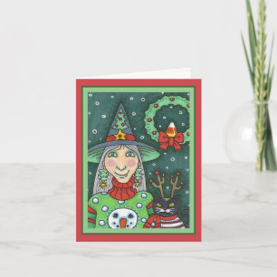 WITCH IN SNOWMAN SWEATER, BLACK CAT XMAS HALLOWEEN CARD