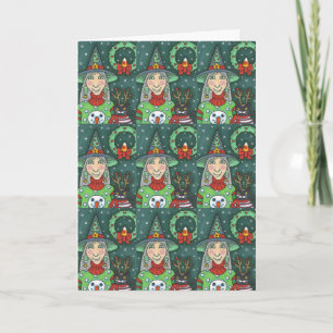 WITCH IN SNOWMAN SWEATER, BLACK CAT XMAS HALLOWEEN CARD