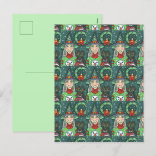 WITCH IN SNOWMAN SWEATER, BLACK CAT XMAS HALLOWEEN HOLIDAY POSTCARD