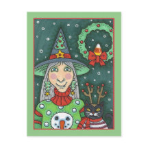 WITCH IN SNOWMAN SWEATER, BLACK CAT XMAS HALLOWEEN