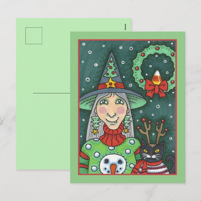 WITCH IN SNOWMAN SWEATER, BLACK CAT XMAS HALLOWEEN HOLIDAY POSTCARD (Front/Back)