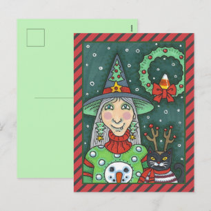 WITCH IN SNOWMAN SWEATER, BLACK CAT XMAS HALLOWEEN HOLIDAY POSTCARD