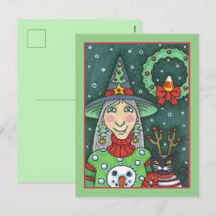 WITCH IN SNOWMAN SWEATER, BLACK CAT XMAS HALLOWEEN HOLIDAY POSTCARD
