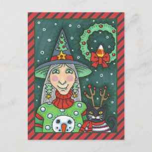 WITCH IN SNOWMAN SWEATER, BLACK CAT XMAS HALLOWEEN HOLIDAY POSTCARD
