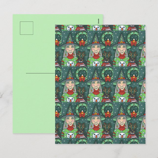 WITCH IN SNOWMAN SWEATER, BLACK CAT XMAS HALLOWEEN HOLIDAY POSTCARD (Front/Back)
