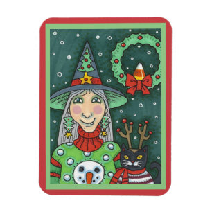 WITCH IN SNOWMAN SWEATER, BLACK CAT XMAS HALLOWEEN MAGNET