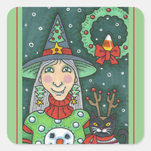WITCH IN SNOWMAN SWEATER, BLACK CAT XMAS HALLOWEEN SQUARE STICKER