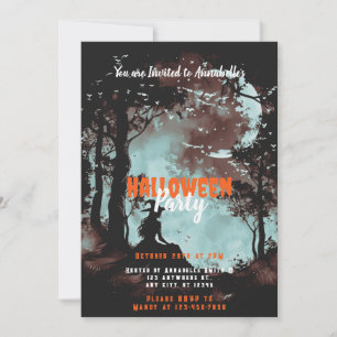 Witch in the Woods Moon Bats Halloween Party Invitation