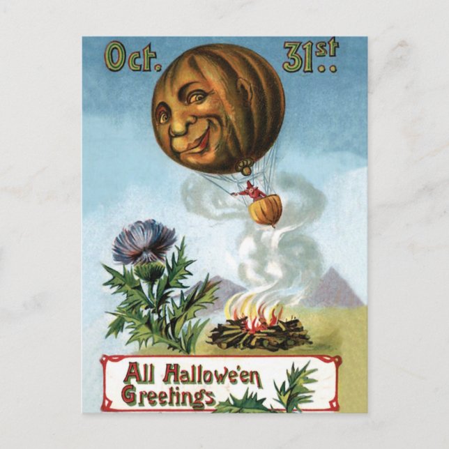 Witch is Flying in Hot Air Balloon Pumpkin Postcard (Front)