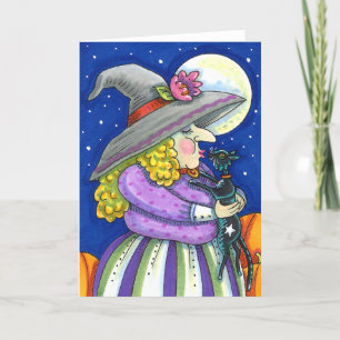 WITCH IS SMITTEN WITH KITTEN, BLACK CAT KISS Blank Holiday Card