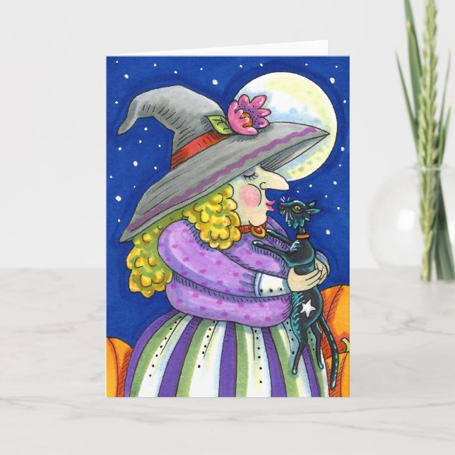 WITCH IS SMITTEN WITH KITTEN, BLACK CAT KISS Blank Holiday Card (Front)