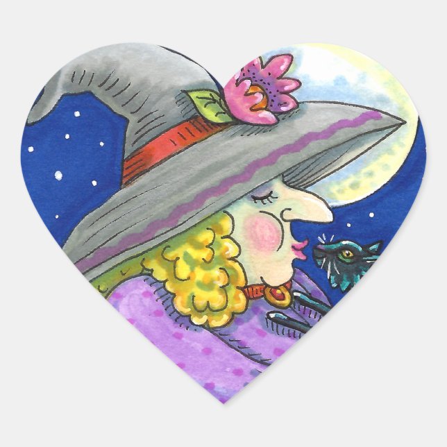 WITCH IS SMITTEN WITH KITTEN, BLACK CAT KISSES HEART STICKER (Front)