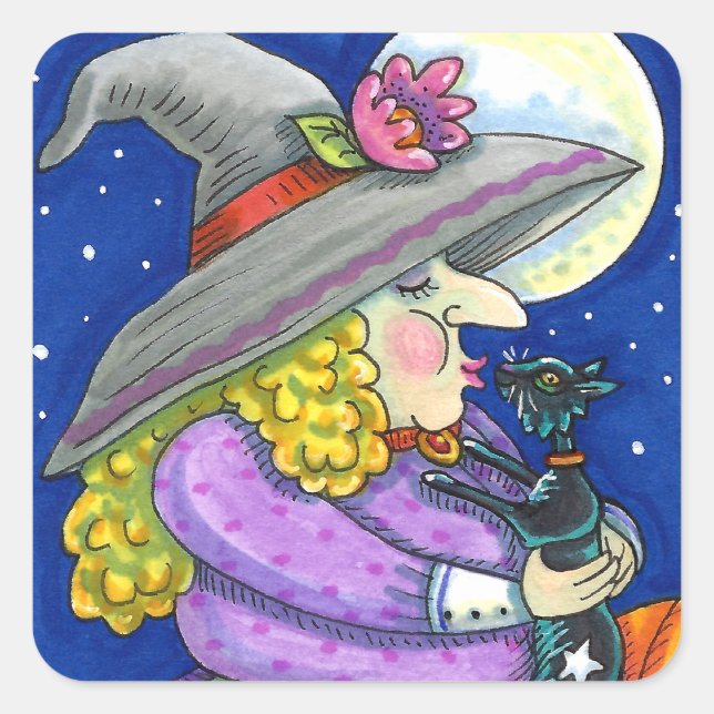 WITCH IS SMITTEN WITH KITTEN, BLACK CAT KISSES SQUARE STICKER (Front)