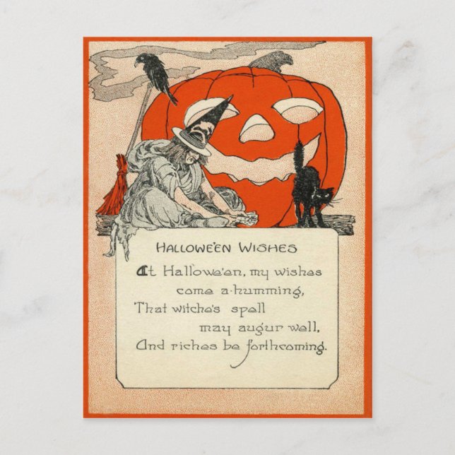 Witch Jack O Lantern Black Cat Raven Postcard (Front)