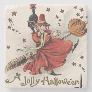 Witch Jack O Lantern Black Cat Stars Stone Coaster