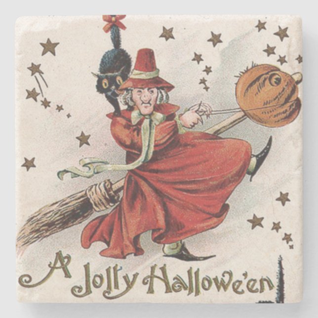 Witch Jack O Lantern Black Cat Stars Stone Coaster (Front)