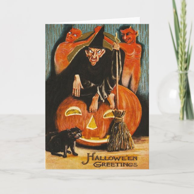 Witch Jack O Lantern Devil Demon Black Cat Card (Front)