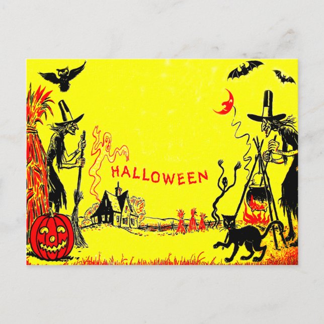 Witch Jack O' Lantern Owl Ghost Haunted House Postcard (Front)