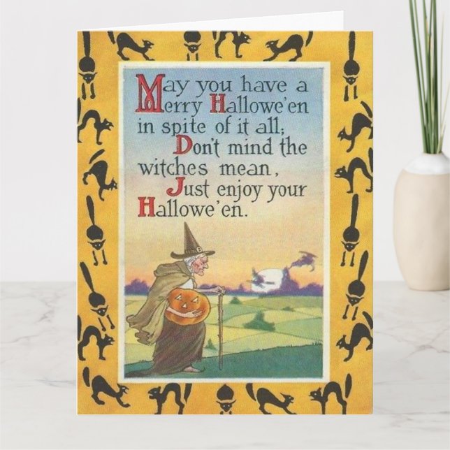 Witch Jack O' Lantern Pumpkin Black Cat Card (Front)
