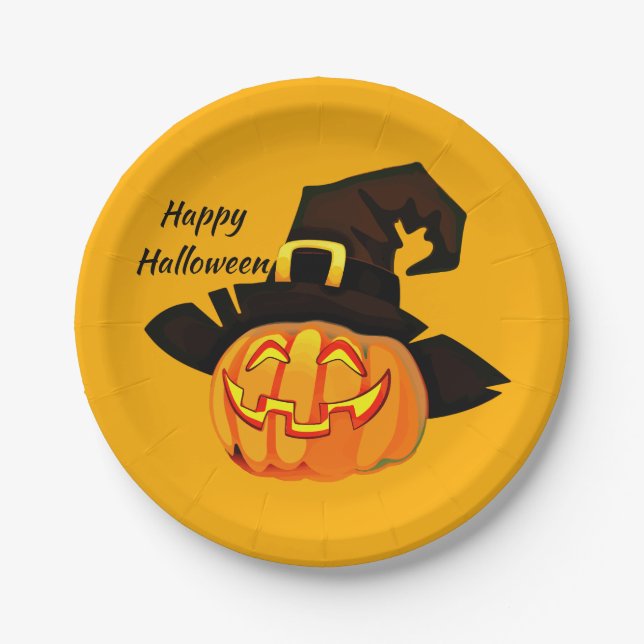 Witch Jack O'Lantern Happy Halloween Party Paper Plate (Front)