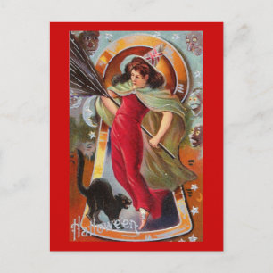 Witch Keyhole Black Cat Halloween Vintage Postcard