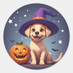Witch Labrador Puppy Beside Pumpkin Halloween 🎃 Classic Round Sticker