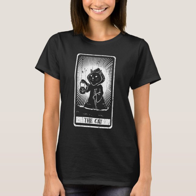 Witch Lamp Cat Tarot Card Pagan Goblincore Goth Oc T-Shirt (Front)