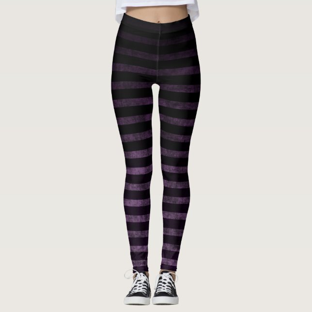 Witch Leggings Black & Purple Grunge Ombre Stripes (Front)