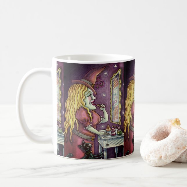 WITCH LIPSTICK, PERFUME & NAIL POLISH, FUNNY CUTE COFFEE MUG (With Donut)