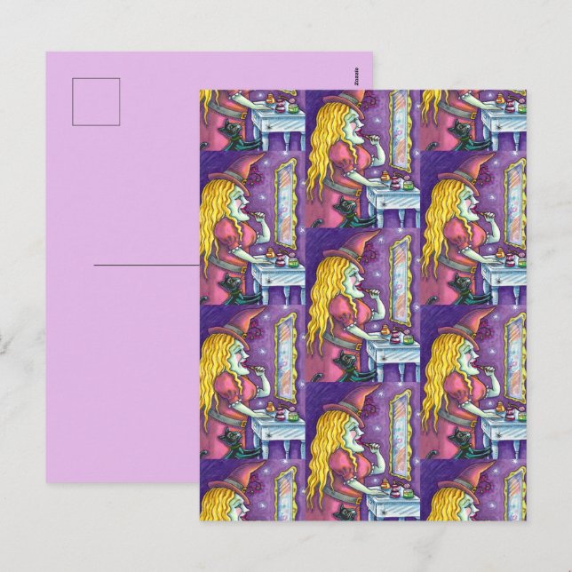 WITCH LIPSTICK, PERFUME & NAIL POLISH, FUNNY CUTE HOLIDAY POSTCARD (Front/Back)