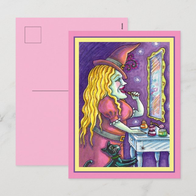 WITCH LIPSTICK, PERFUME & NAIL POLISH, FUNNY CUTE HOLIDAY POSTCARD (Front/Back)