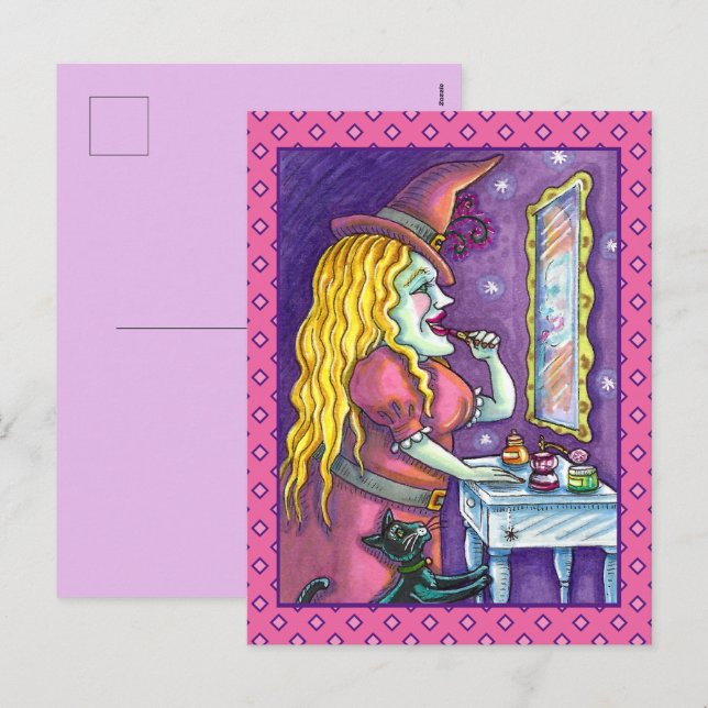WITCH LIPSTICK, PERFUME & NAIL POLISH, FUNNY CUTE HOLIDAY POSTCARD (Front/Back)