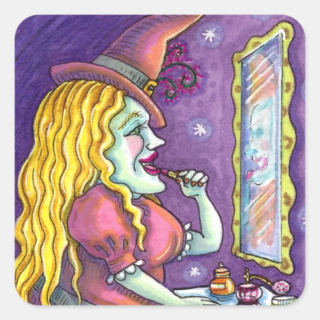 WITCH LIPSTICK, PERFUME & NAIL POLISH, FUNNY CUTE SQUARE STICKER (Front)