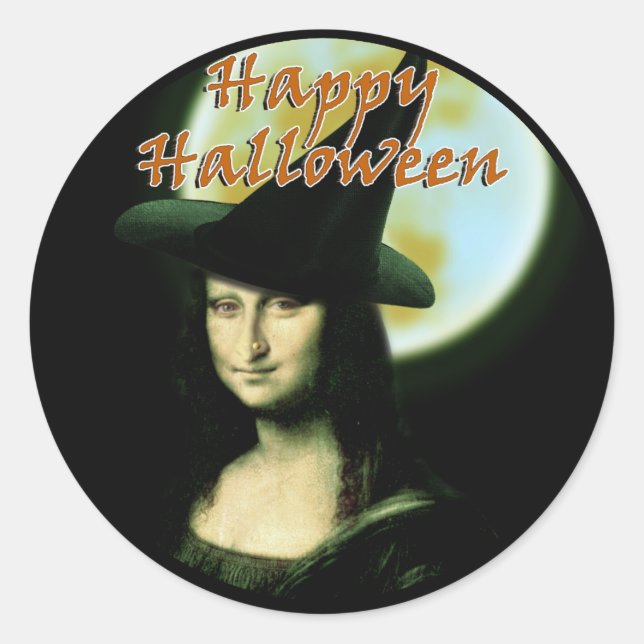 Witch Mona Lisa Halloween Full Moon Classic Round Sticker (Front)
