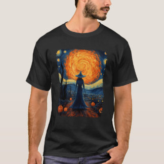 Witch Mystery Scary Moon Starry Night Van Gogh Art T-Shirt