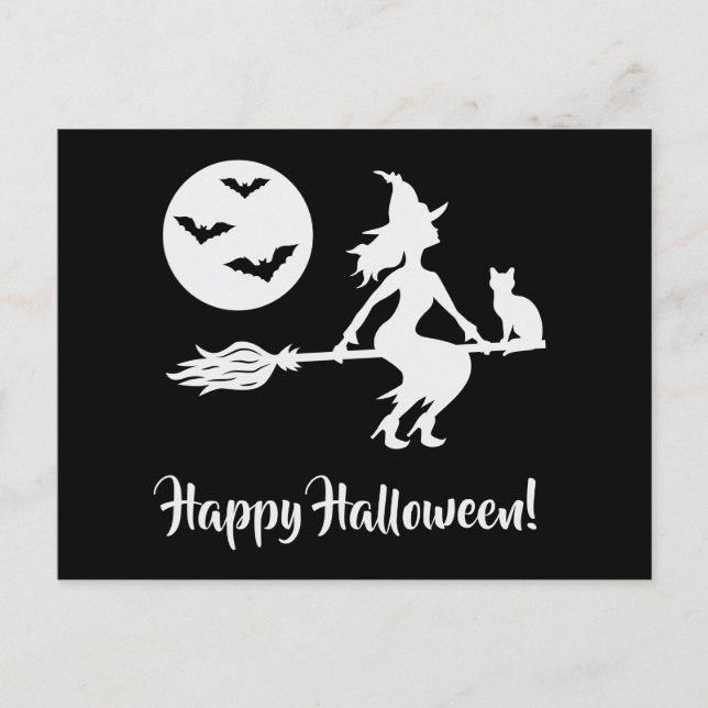 Witch On A Broom Black And White Happy Halloween Postcard (Front)