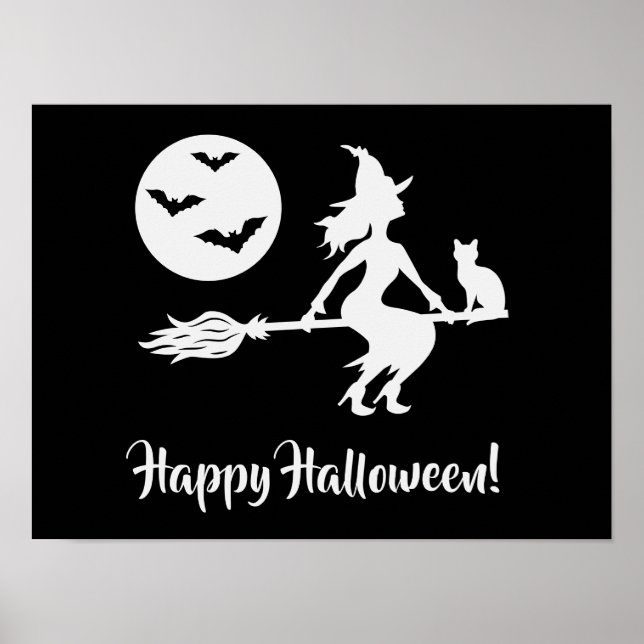 Witch On A Broom Black And White Happy Halloween Poster (Front)