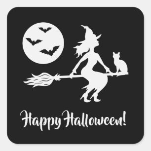 Witch On A Broom Black And White Happy Halloween Square Sticker