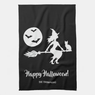 Witch On A Broom Black And White Happy Halloween Tea Towel