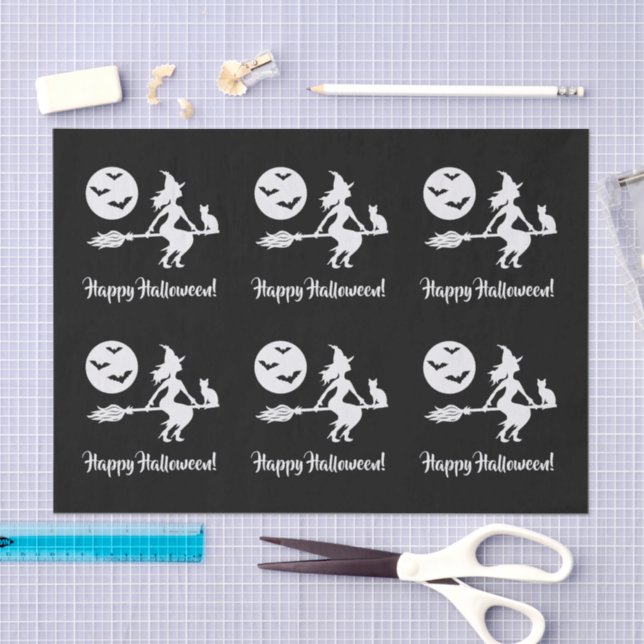Witch On A Broom Black And White Happy Halloween Tissue Paper (Craft)