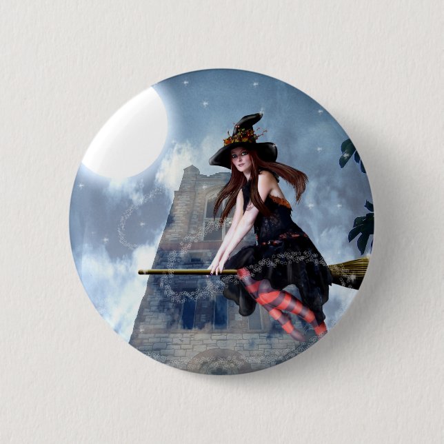Witch on a Broom (Button) 6 Cm Round Badge (Front)