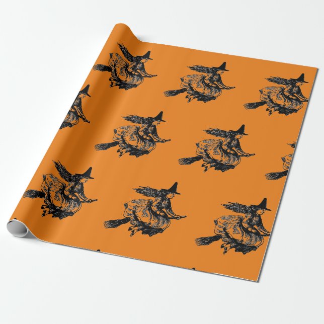 WITCH ON A BROOM HALLOWEEN Wrapping Paper (Unrolled)