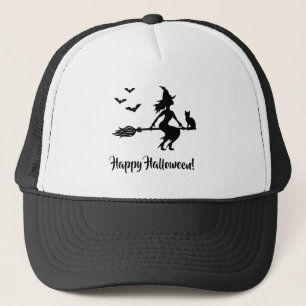 Witch On A Broom Happy Halloween Black Silhouette Trucker Hat