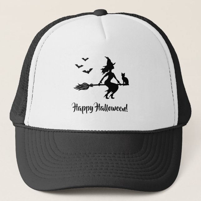 Witch On A Broom Happy Halloween Black Silhouette Trucker Hat (Front)